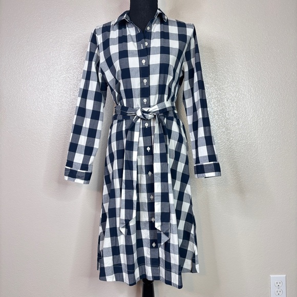 J. Crew Gingham Tie-waist Poplin Shirtdress Navy Size 8 - Picture 2 of 11